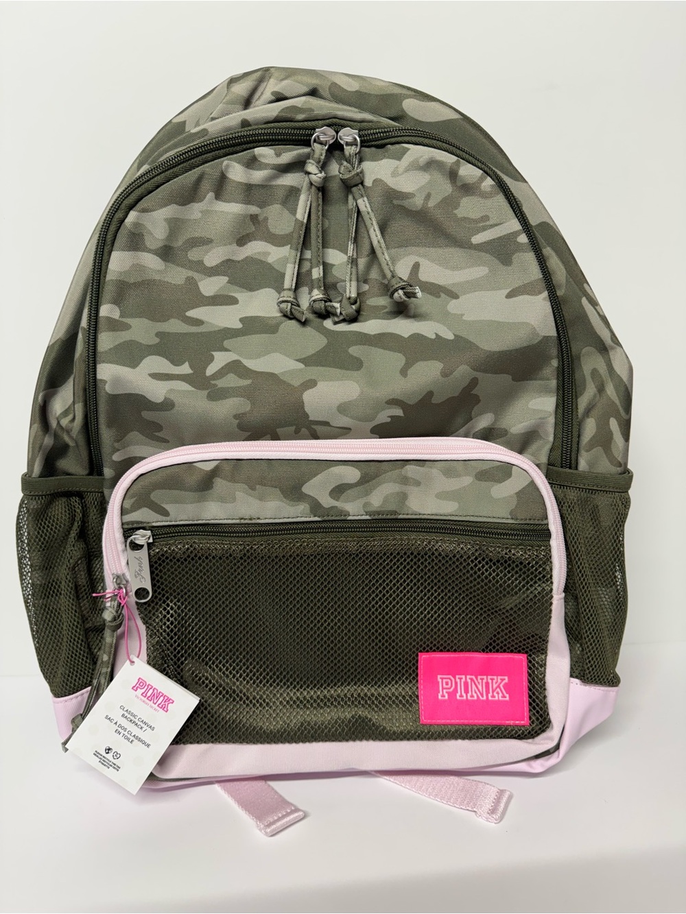 PINK Victoria's Secret Olive Camo Backpack with Pink Trim